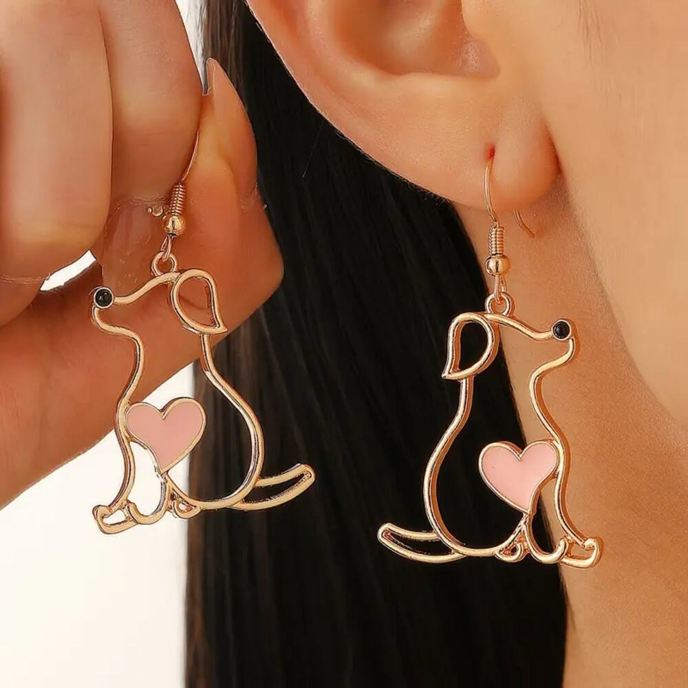 NEW Gold Dog Earrings with Pink Heart – Cute Pet Lover Dangle Jewelry - Picture 2 of 4